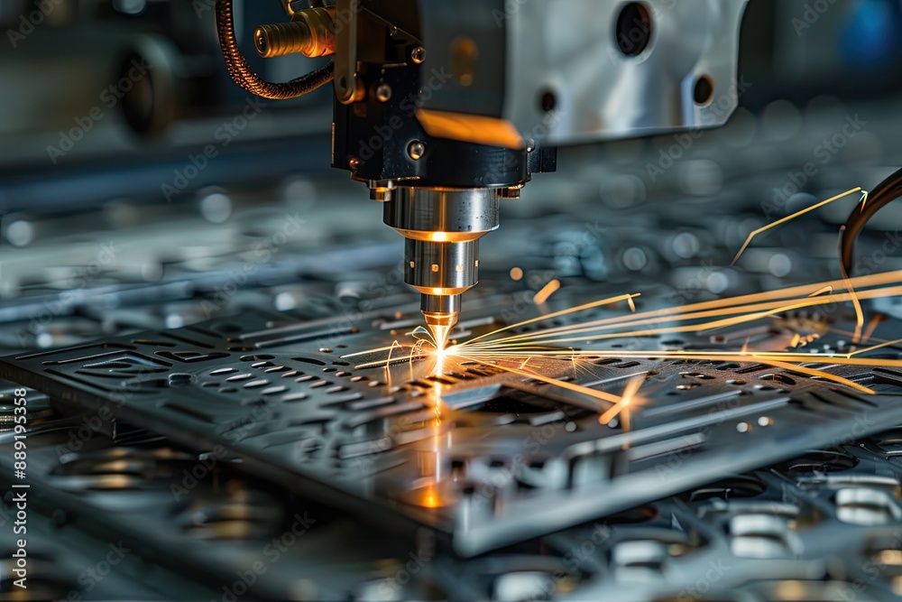Close-up of a laser cutting machine. The machine is cutting a piece of metal, creating sparks and light.