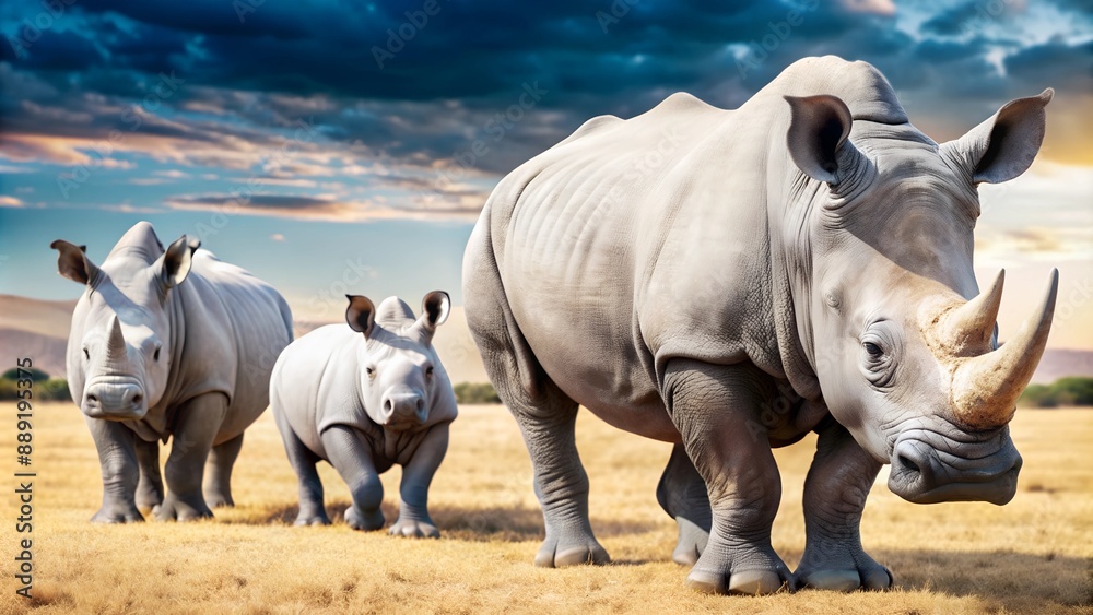 Fototapeta premium Majestic White Rhinoceros Family Roaming the African Savanna