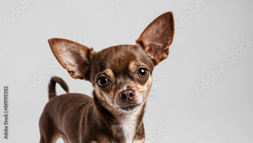 Close-Up Photograph of a cute Attentive Brown Chihuahua Dog on grey background