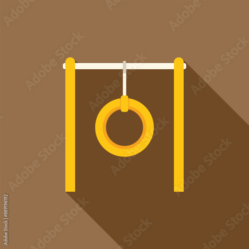 Yellow gymnastic ring hanging on a crossbar, flat design icon with long shadow on brown background