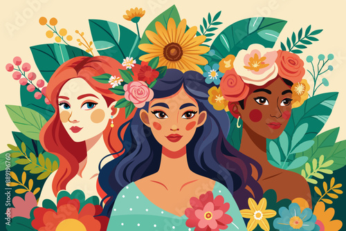 Three women with flowers in their hair stand together