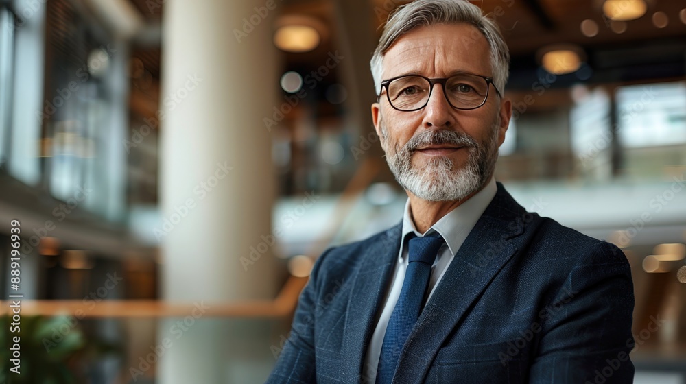 Fototapeta premium Confident businessman portrait in office. This image is perfect for illustrating articles or presentations about business, leadership, or success.