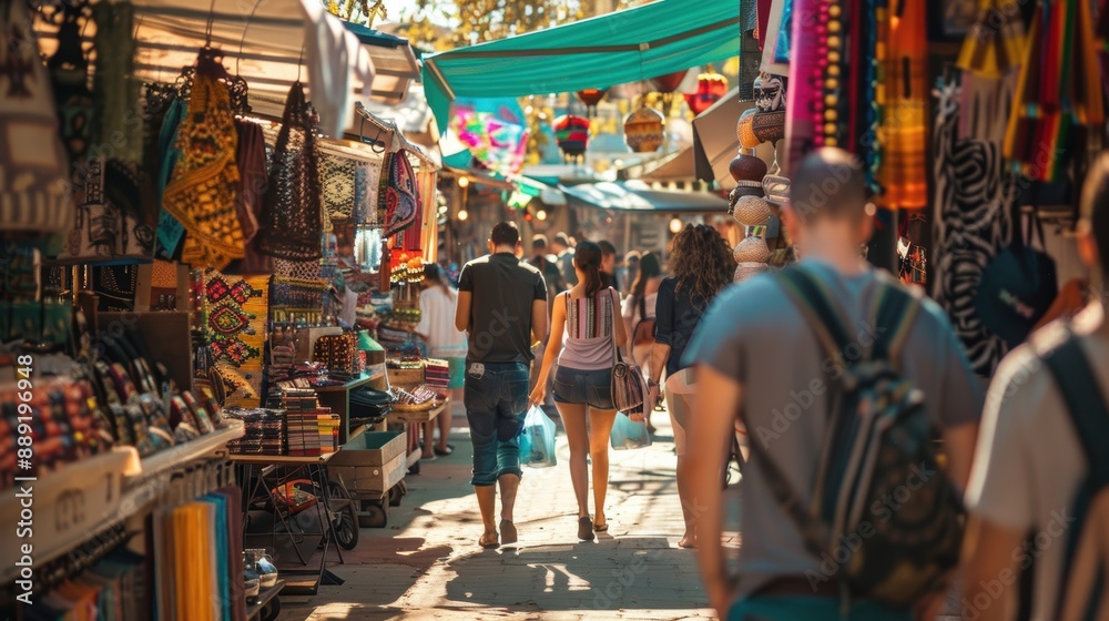 Visitors delight in a sunny day exploring an open-air market filled with vibrant textiles and keepsakes Visitors delight in a sunny day exploring an open-air market filled with vibrant textiles and keepsakes