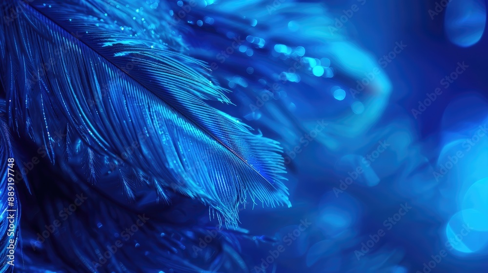 Obraz premium Abstract blue neon macro background with close up feathers and copy space