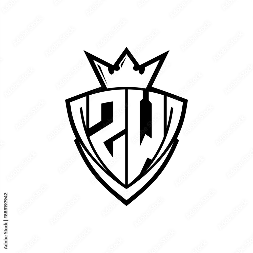 ZW Letter logo with sharp triangle shield shape with crown inside white outline on white background template design ZW Letter logo with sharp triangle shield shape with crown inside white outline on white background template design