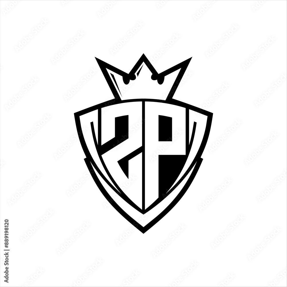 ZP Letter logo with sharp triangle shield shape with crown inside white outline on white background template design ZP Letter logo with sharp triangle shield shape with crown inside white outline on white background template design