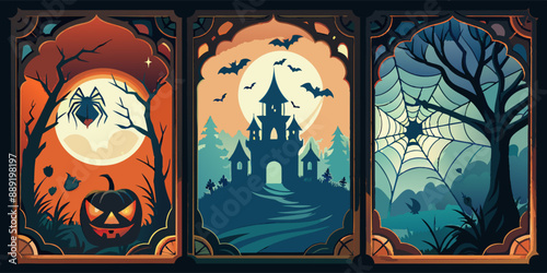 Three Halloween cards with a castle, pumpkin, and bats