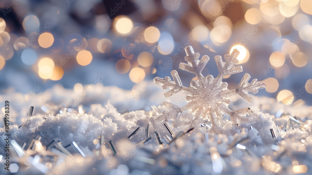 Stunning Close-Up of Snowflakes with Magical Christmas Lights Bokeh Stunning Close-Up of Snowflakes with Magical Christmas Lights Bokeh