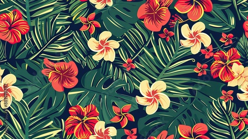 Seamless pattern of tropical leaves and flowers in a painterly style photo