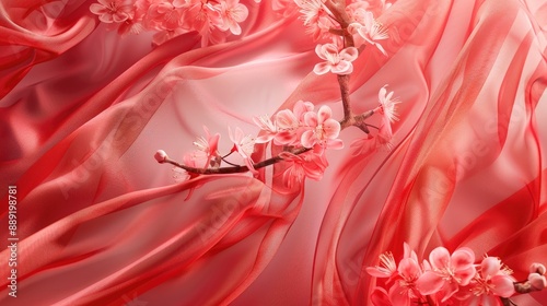 Abstract red silk chiffon fabric and Hollywood cherry blossom silk taffeta art mockup photo