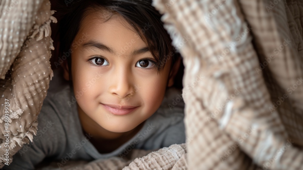 Cheerful Child Peeking Out from Cozy Blanket Fort Cheerful Child Peeking Out from Cozy Blanket Fort