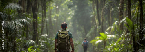 Trekking in lush rainforest. Man tourist with backpack walking on path through jungle forest. Hiking outdoor adventure and wanderlust