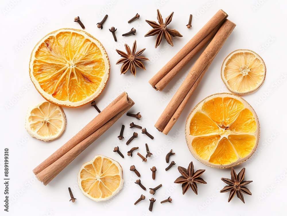 5. Elegant top-down composition of herbal extract ingredients, featuring cinnamon sticks, star anise, and dried orange slices on a white background, arranged to highlight the natural health benefits 5. Elegant top-down composition of herbal extract ingredients, featuring cinnamon sticks, star anise, and dried orange slices on a white background, arranged to highlight the natural health benefits