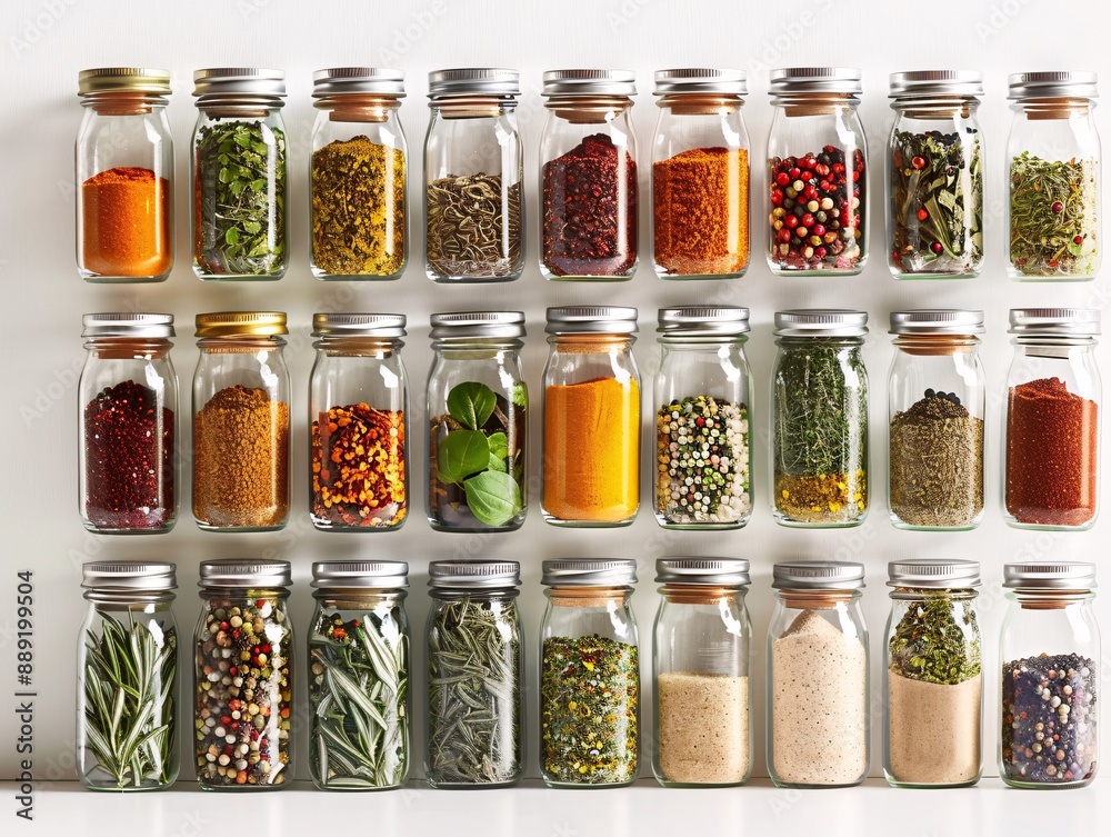 4. A neatly organized spice rack featuring an array of spice bottles filled with colorful seasonings, each bottle topped with a metallic cap and labeled with minimalist design, all set against a 4. A neatly organized spice rack featuring an array of spice bottles filled with colorful seasonings, each bottle topped with a metallic cap and labeled with minimalist design, all set against a