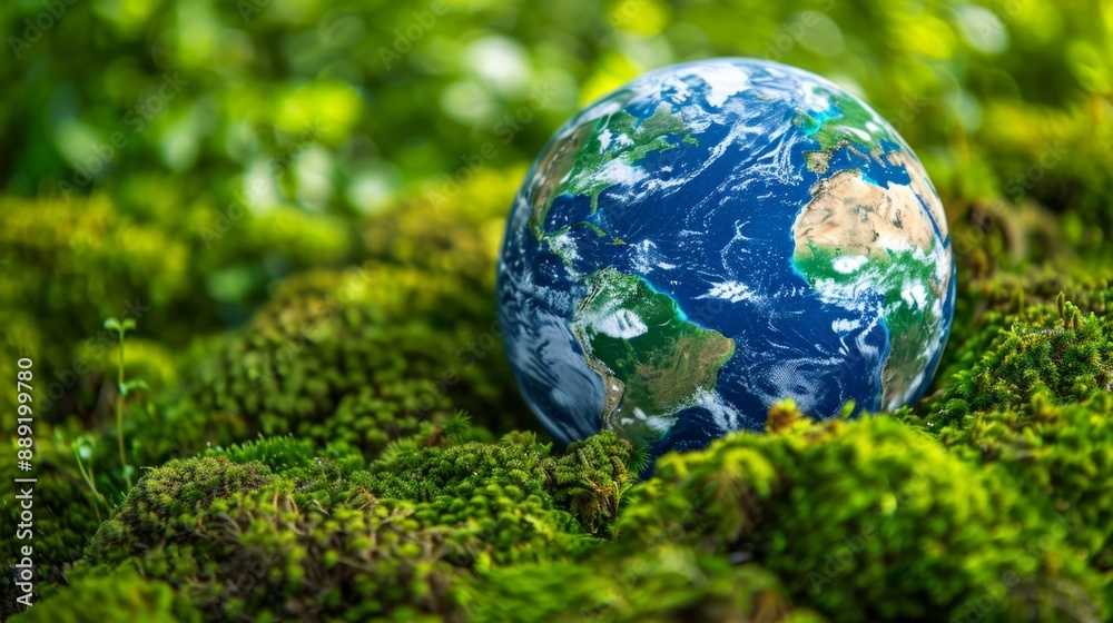Vibrant Earth: Symbolic Globe Resting on Lush Green Moss Vibrant Earth: Symbolic Globe Resting on Lush Green Moss