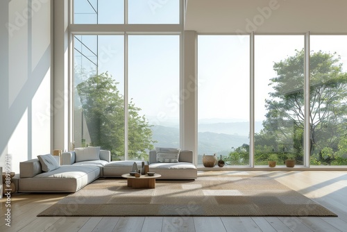 Living Room with Minimalist Decor and Large Windows: A minimalist living room mockup with simple decor and large windows.