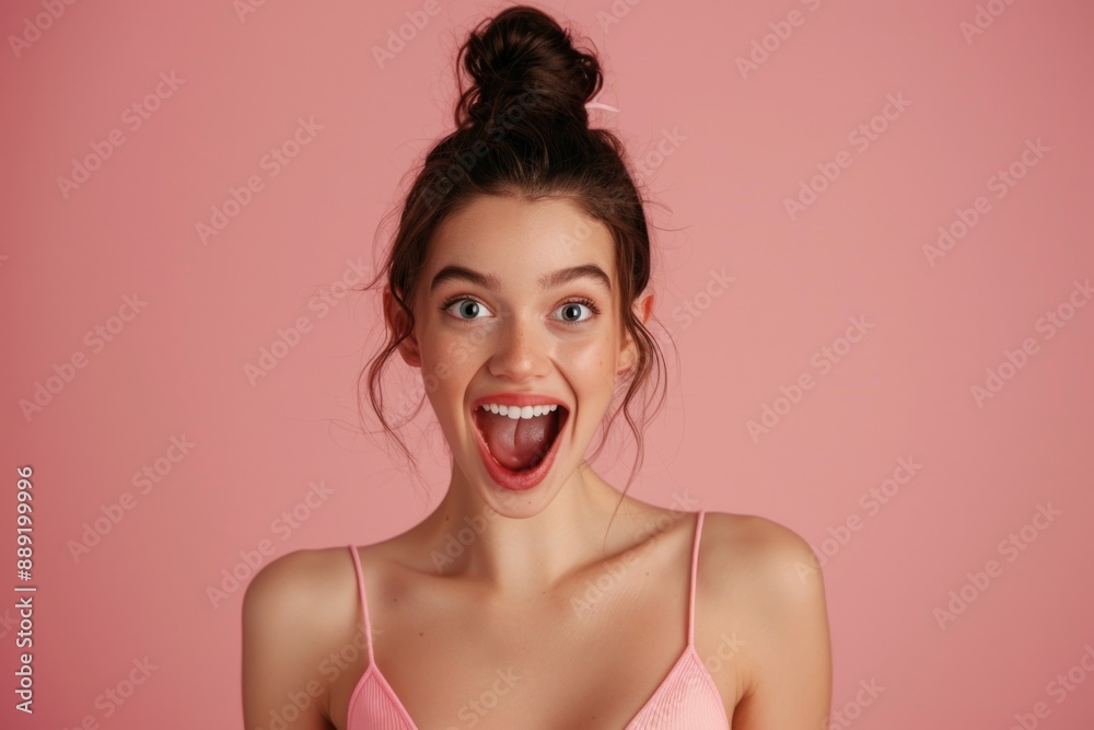 A woman posing with a comical expression while wearing a bright pink dress A woman posing with a comical expression while wearing a bright pink dress