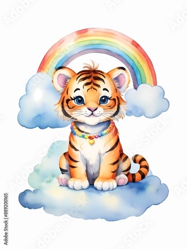 Watercolor painting of cute tiger sitting on the cloud with rainbow in the sky. Illustration for design, artwork, template, story book, nursery decor, wallpaper