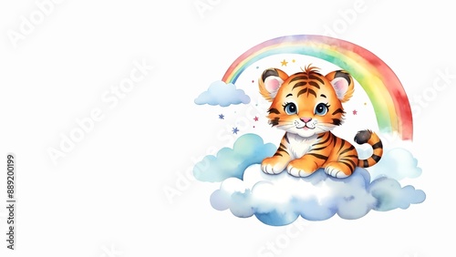 Little tiger cub sitting on the cloud with rainbow painted in watercolor. Illustration with copy space for design, artwork, wallpaper, banner, template