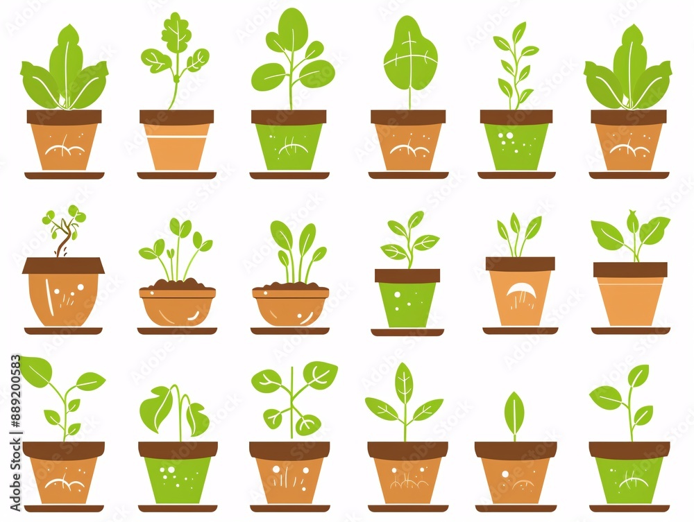 3. A detailed vector illustration showcasing an array of pots with sprouting plants, each pot displaying a different stage of seedling development. The flat, hand-drawn style and white background 3. A detailed vector illustration showcasing an array of pots with sprouting plants, each pot displaying a different stage of seedling development. The flat, hand-drawn style and white background