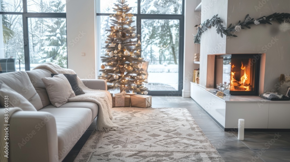 Fototapeta premium Cozy Modern Living Room with Christmas Tree, Fireplace, and Snowy View Through Large Windows