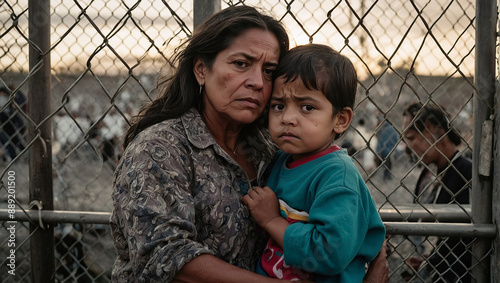 An older woman holding a young child stands behind a metal fence, portraying the generational impact of illegal immigration.