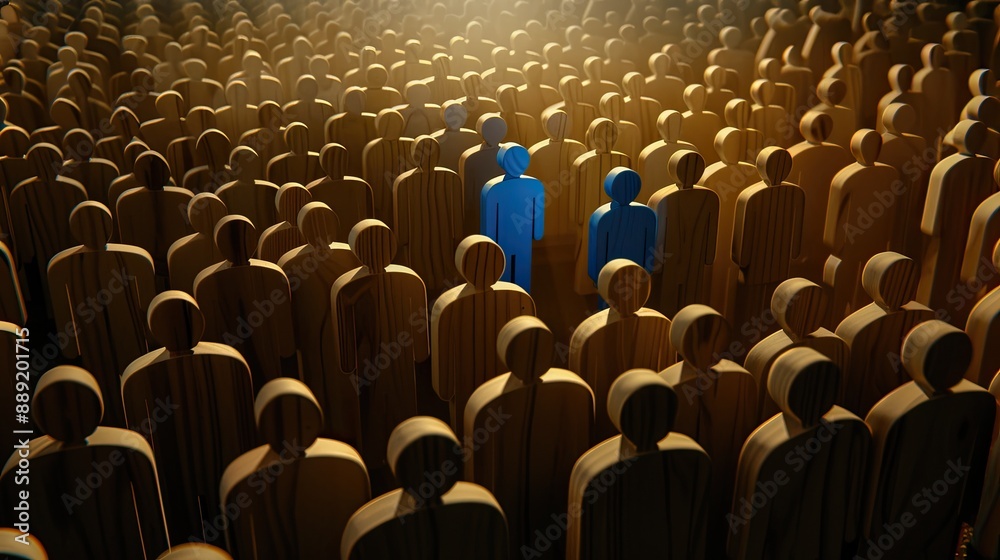 Obraz premium A single wooden figure stands out against a background of blurred figures, symbolizing the concept of individuality