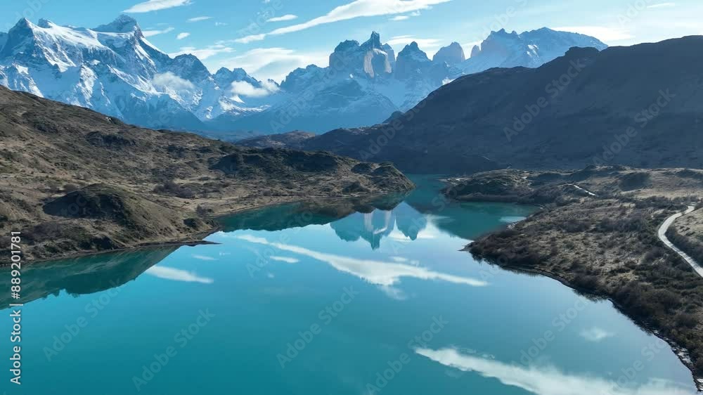 National Park At Torres Del Paine Puerto Natales Chile. Birds Eye View Of Peaceful Mountains Valley And Forest Trees. Outdoor Travel Patagonia Glacier. Exterior Patagonia High Angle View. National Park At Torres Del Paine Puerto Natales Chile. Birds Eye View Of Peaceful Mountains Valley And Forest Trees. Outdoor Travel Patagonia Glacier. Exterior Patagonia High Angle View.