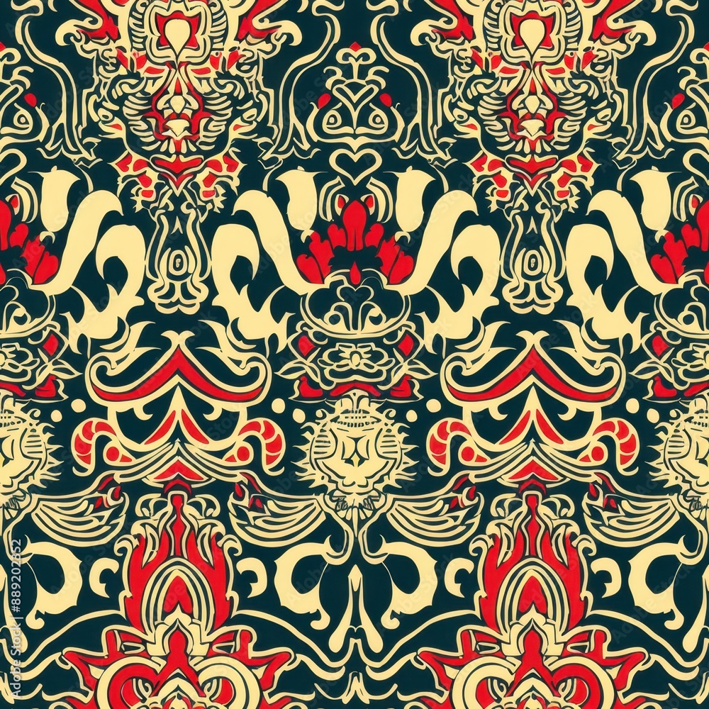 Ornate Baroque Damask Pattern with Red and Gold Tones Ornate Baroque Damask Pattern with Red and Gold Tones