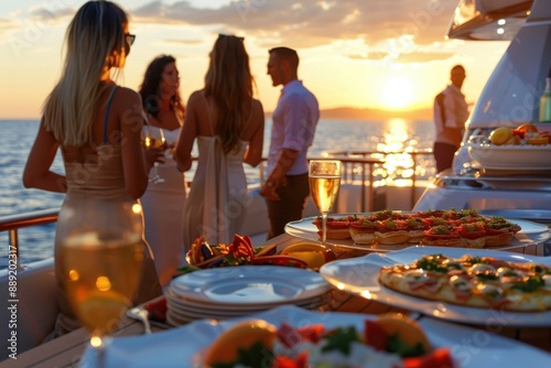 A stylish yacht party at sunset with individuals enjoying drinks and gourmet snacks, highlighting a beautiful sunset over the sea and a sophisticated social atmosphere. photo