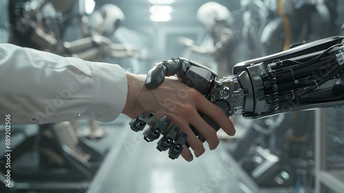 AI artificial intelligence humanoid robot human hands shaking business futuristic interconnected network connection connect collaboration corporation collaborate electronic technology automation