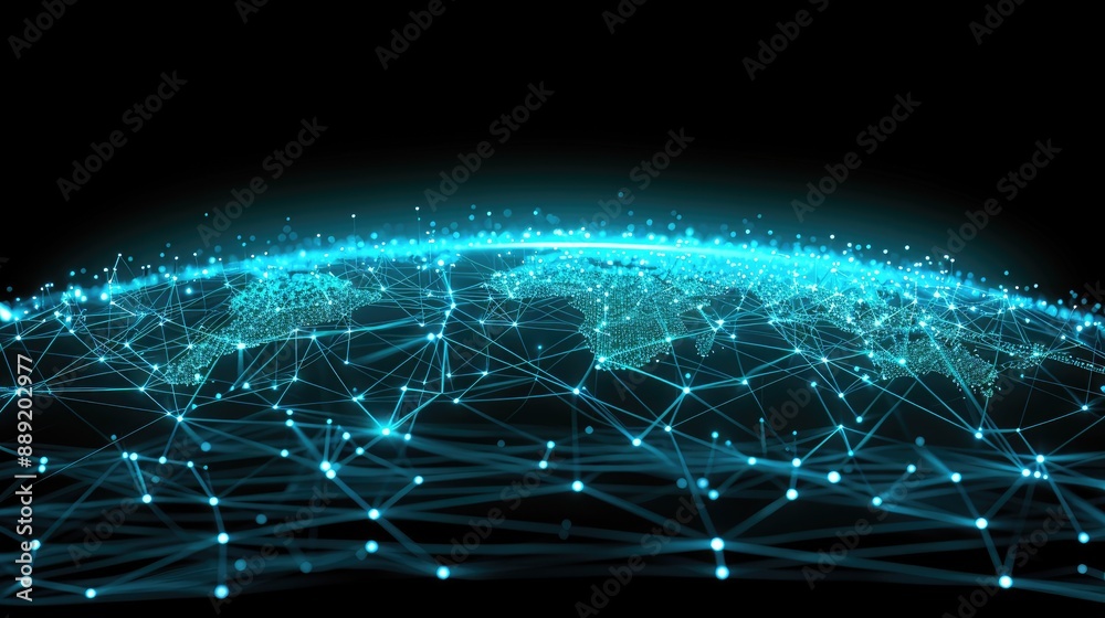 Obraz premium A network of interconnected lines and nodes is shown over a nighttime earth with a focus on Asia