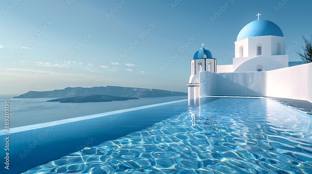 Obraz premium Iconic Santorini view with blue dome church, pool, Aegean Sea, clear sky, serenity