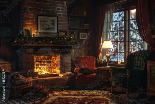A cozy corner with a fireplace and plush armchairs. Hyper realistic. Shot with canon 5d Mark III --ar 3:2 --style raw Job ID: 19a45a6e-73d4-4bfc-bd90-435ff4ce490e © Jennie Pavl