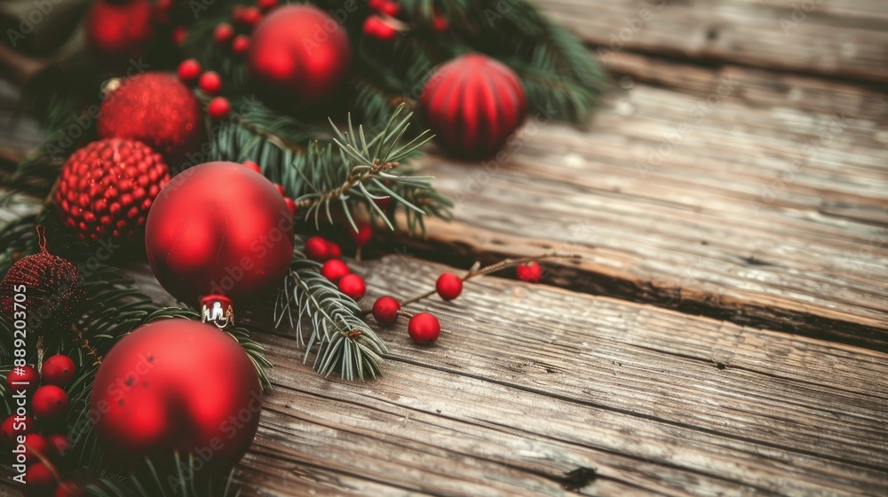 Christmas postcard with red ornaments and pine branches on wooden surface Christmas postcard with red ornaments and pine branches on wooden surface