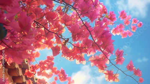 Summer sky sees Bougainvillea s pink blooms photo