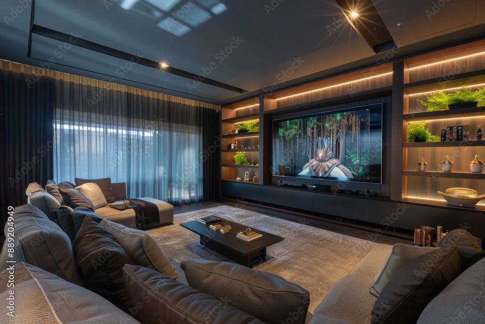 Naklejka premium A stylish entertainment area with a large TV and comfortable seating. Hyper realistic. Shot with canon 5d Mark III --ar 3:2 --style raw Job ID: a19afe76-904b-4c1a-8f62-2cbd20c510c2