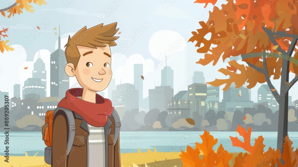 Cheerful Young Man Enjoying Autumn In City Park Cheerful Young Man Enjoying Autumn In City Park