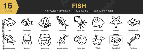 Set of 16 Fish icon set. Editable Stroke Icon Collection. Includes angelfish, aquarium, starfish, squid fish, tuna fish, and More. Outline icons vector collection.