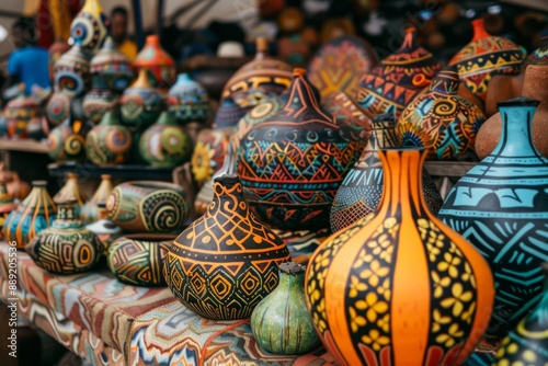 A vibrant display of hand-painted gourds and pottery, featuring intricate patterns and designs, with the holiday name 'Kenya's Jamhuri Day'