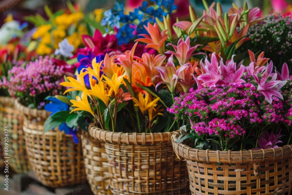 Intricately woven baskets overflow with colorful flowers, marking the country's national flower festival. The arrangement is a stunning display of cultural heritage and beauty. Intricately woven baskets overflow with colorful flowers, marking the country's national flower festival. The arrangement is a stunning display of cultural heritage and beauty.