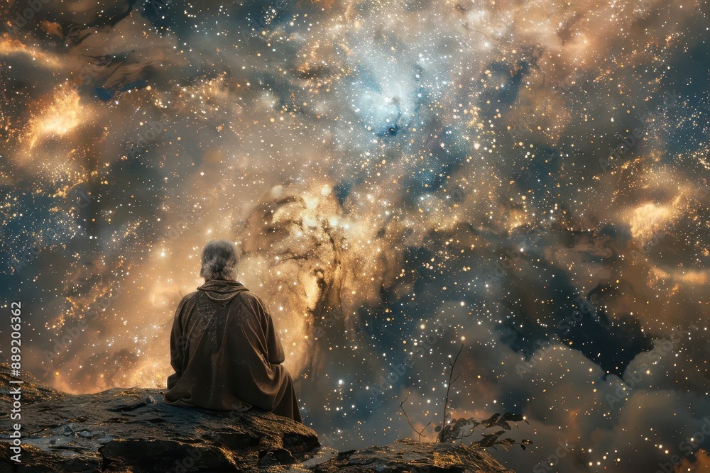Obraz premium surreal digital painting portraying abraham gazing at a starfilled sky blending biblical narrative with contemporary abstract art style