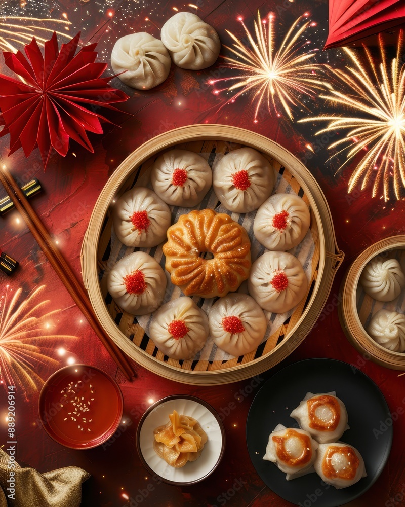 Festive Chinese dumplings and dim sum with traditional decorations and fireworks for a holiday celebration. Festive Chinese dumplings and dim sum with traditional decorations and fireworks for a holiday celebration.