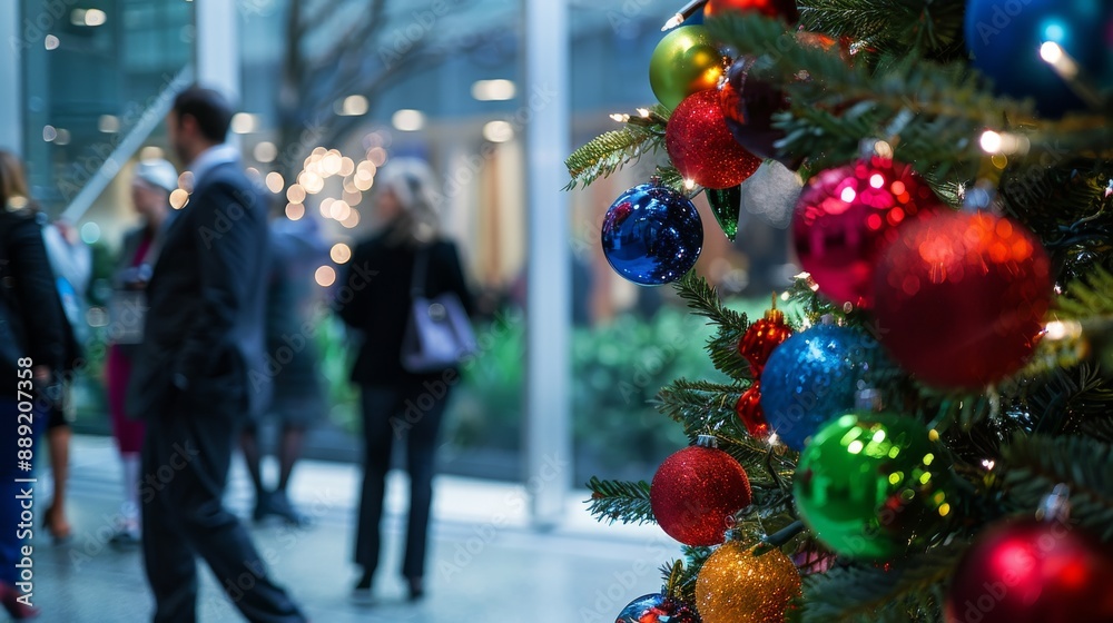 Festive Holiday Office Gathering with Christmas Tree and Decorations Festive Holiday Office Gathering with Christmas Tree and Decorations
