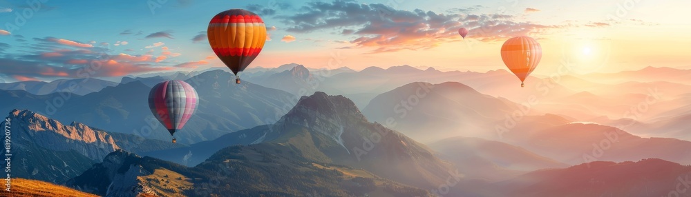 Fototapeta premium Balloons over Mountains Focus on balloons floating over mountain peaks with a scenic background 