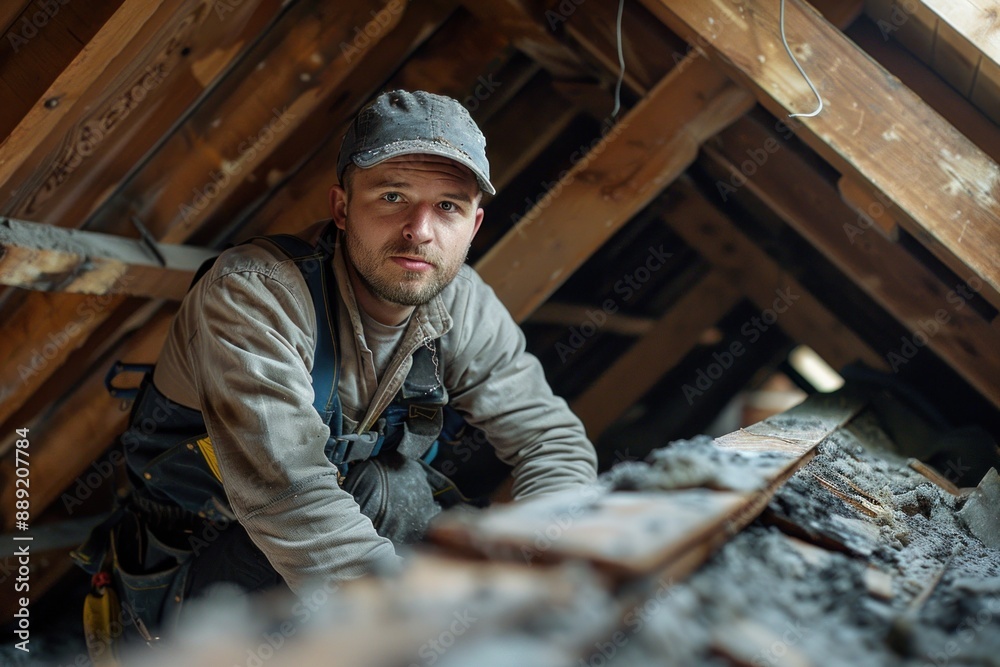 Chimney sweep working in an attic, preparing to clean a chimney from the top down. The worker's protective gear and equipment are visible, emphasizing safety and professionalism. The attic setting Chimney sweep working in an attic, preparing to clean a chimney from the top down. The worker's protective gear and equipment are visible, emphasizing safety and professionalism. The attic setting