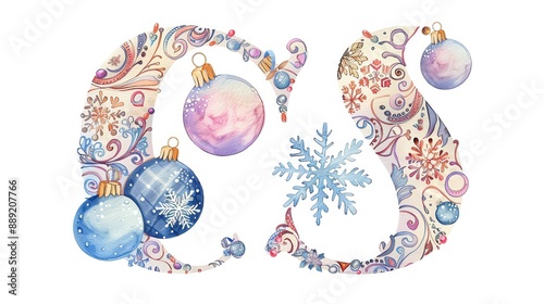 Watercolor illustration of the letter S decorated with snowflakes and Christmas baubles photo