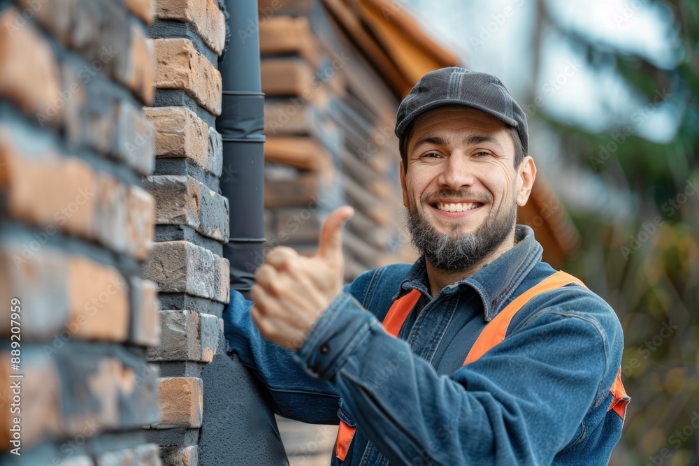 Chimney sweep standing by a well-maintained chimney, smiling and giving a thumbs up to indicate a job well done. The positive expression and clean chimney highlight the satisfaction and success of Chimney sweep standing by a well-maintained chimney, smiling and giving a thumbs up to indicate a job well done. The positive expression and clean chimney highlight the satisfaction and success of