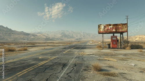 Desolate road scene with an abandoned gas station in the desert, featuring mountains in the background and scattered clouds. photo