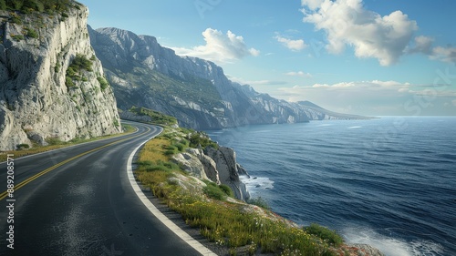 Scenic coastal road winding along rugged cliffs with breathtaking ocean views under a bright blue sky with scattered clouds.